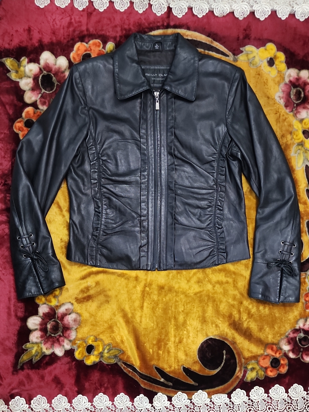 Reilly Olmes Collection Black Leather Zip Jacket With Ruffles Lace Up Details